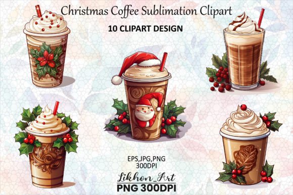 10 Christmas Coffee Sublimation Clipart for Illustrations