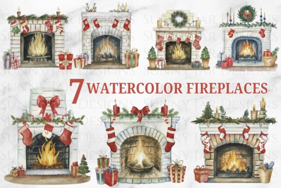 7 Watercolor Christmas Fireplaces: Festive Illustrations for Local Brands