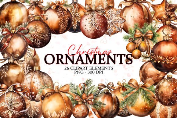 Christmas Balls Brown Watercolor Clipart for Illustrations