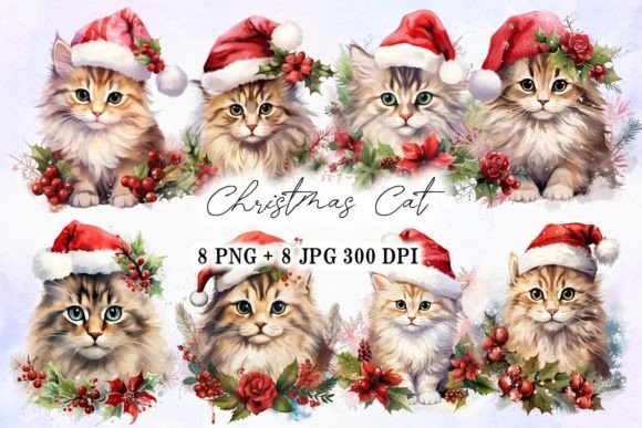 Christmas Cat with Flowers Clipart for Illustrations