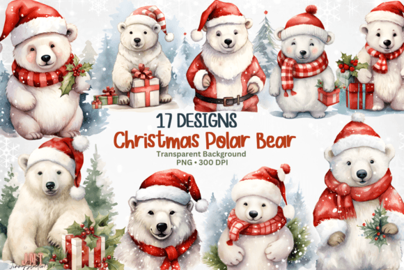 Christmas Polar Bear Watercolor Clipart for Modern Illustrations