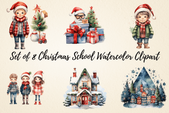 Christmas School Watercolor Clipart: Festive Illustrations for Crafters