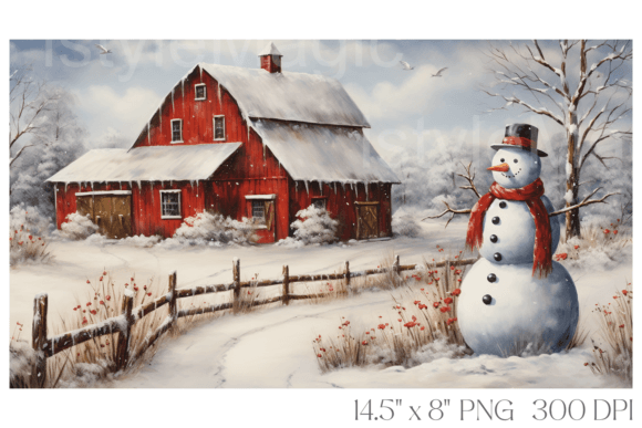 Christmas Snowman Farm House Barn Illustrations