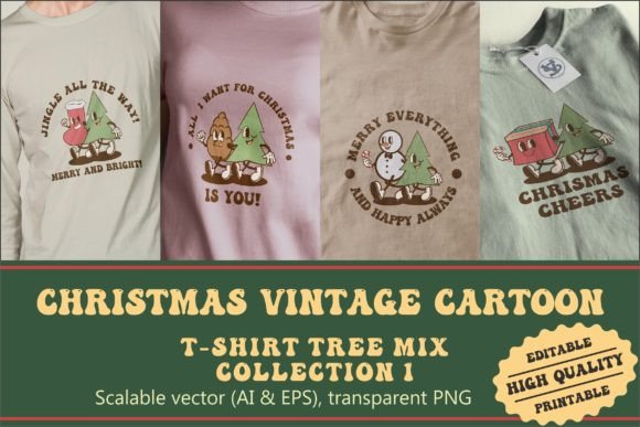 Christmas Tree Mix Vintage Cartoon for Illustrations