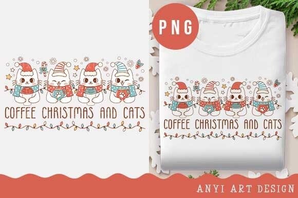 Coffee Christmas Cat Sublimation PNG: Festive Illustrations for Makers