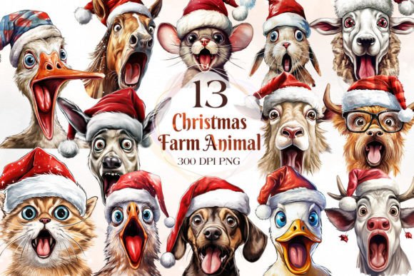Funny Christmas Farm Animal Face Clipart in Illustrations