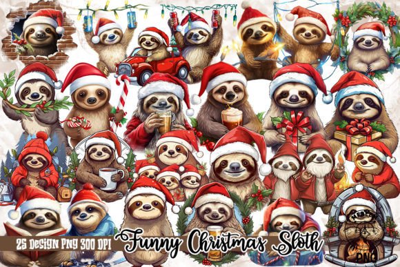 Funny Christmas Sloth Clipart PNG for Branding & Illustrations
