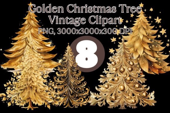 Golden Christmas Tree Clipart Bundle: Premium Illustrations for Festive Branding
