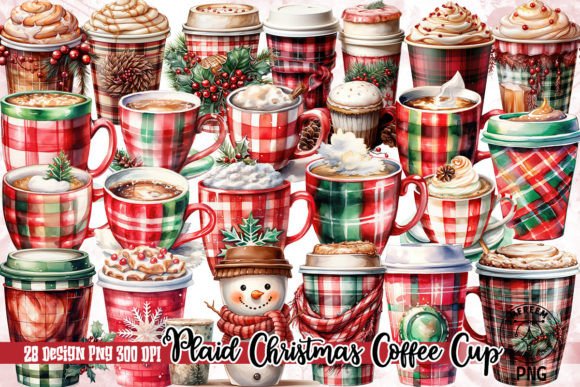 Plaid Christmas Coffee Cup Clipart PNG for Illustrations