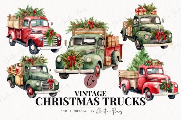 Vintage Christmas Trucks Clipart for Seasonal Illustrations