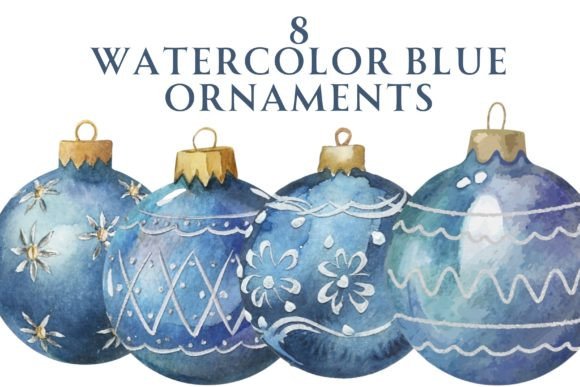 Watercolor Blue Christmas Ornaments for Modern Illustrations