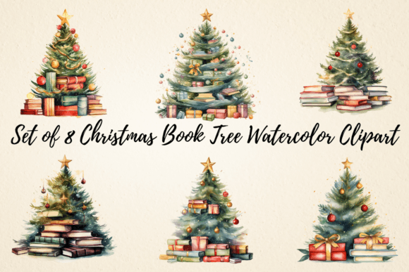 Watercolor Christmas Book Tree Clipart for Illustrations