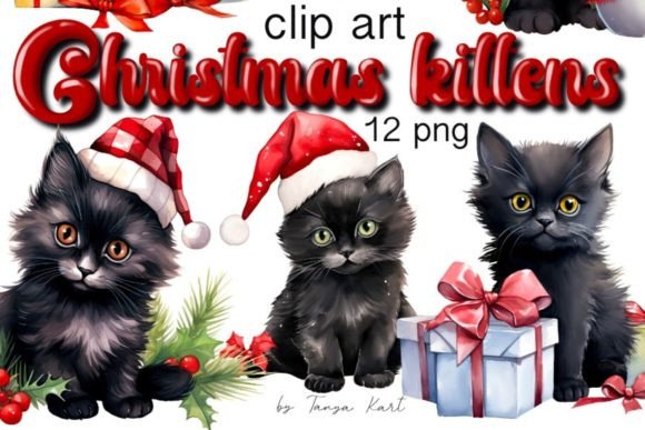 Watercolor Christmas Cat Clipart Bundle for Illustrations