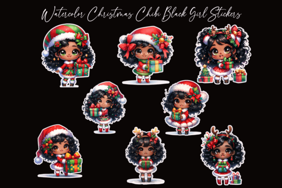 Watercolor Christmas Chibi Black Girls for Brand Illustrations