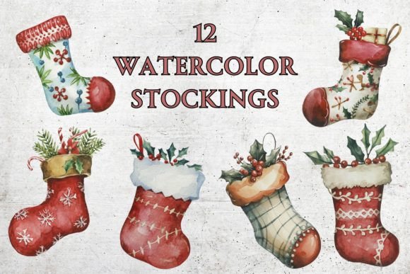 Watercolor Christmas Stockings Clip Art for Creative Illustrations