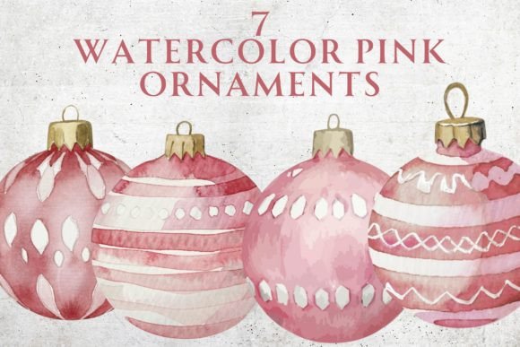 Watercolor Pink Christmas Ornaments for Editorial Illustrations